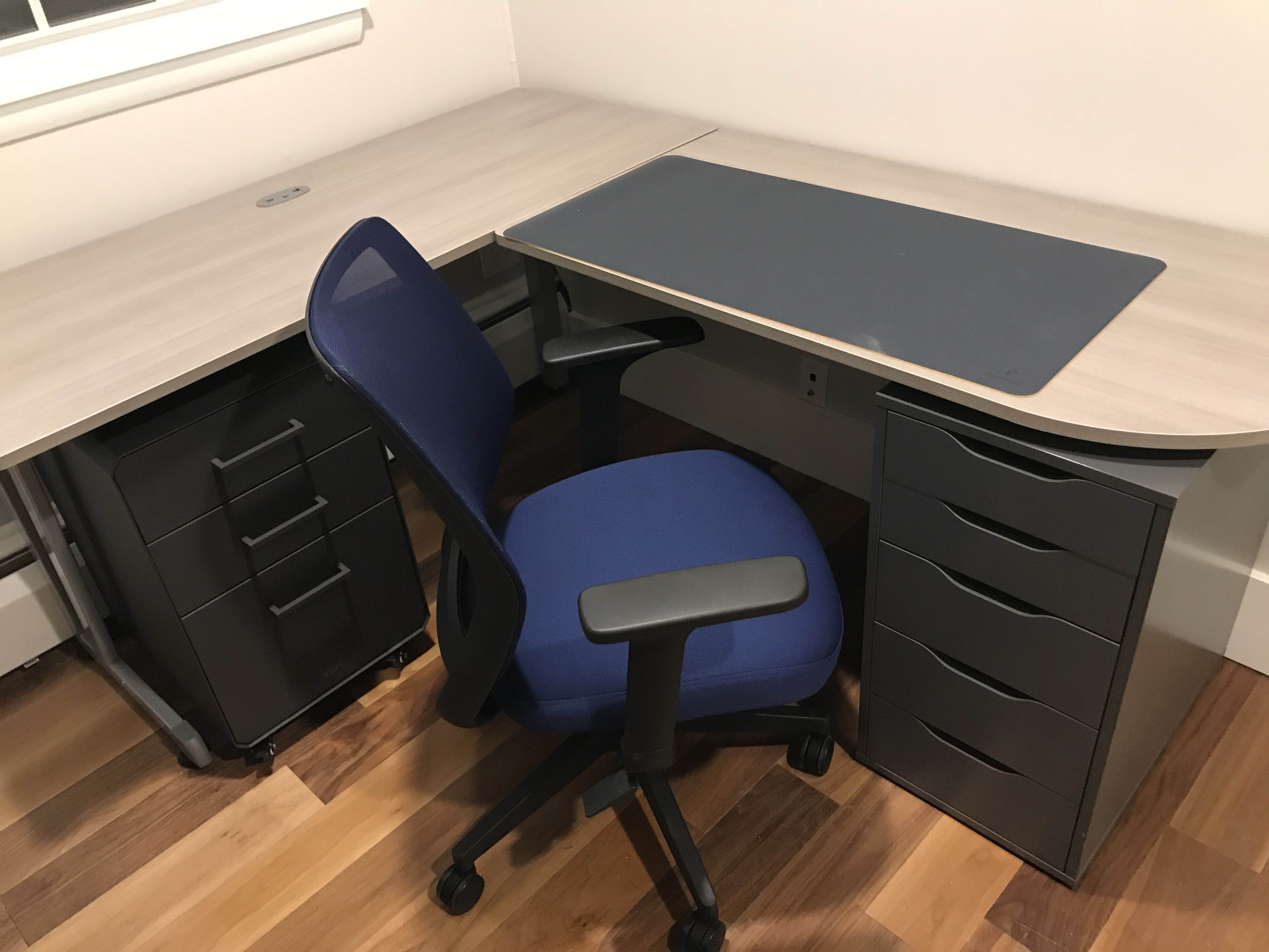 L-shaped desk and office chair