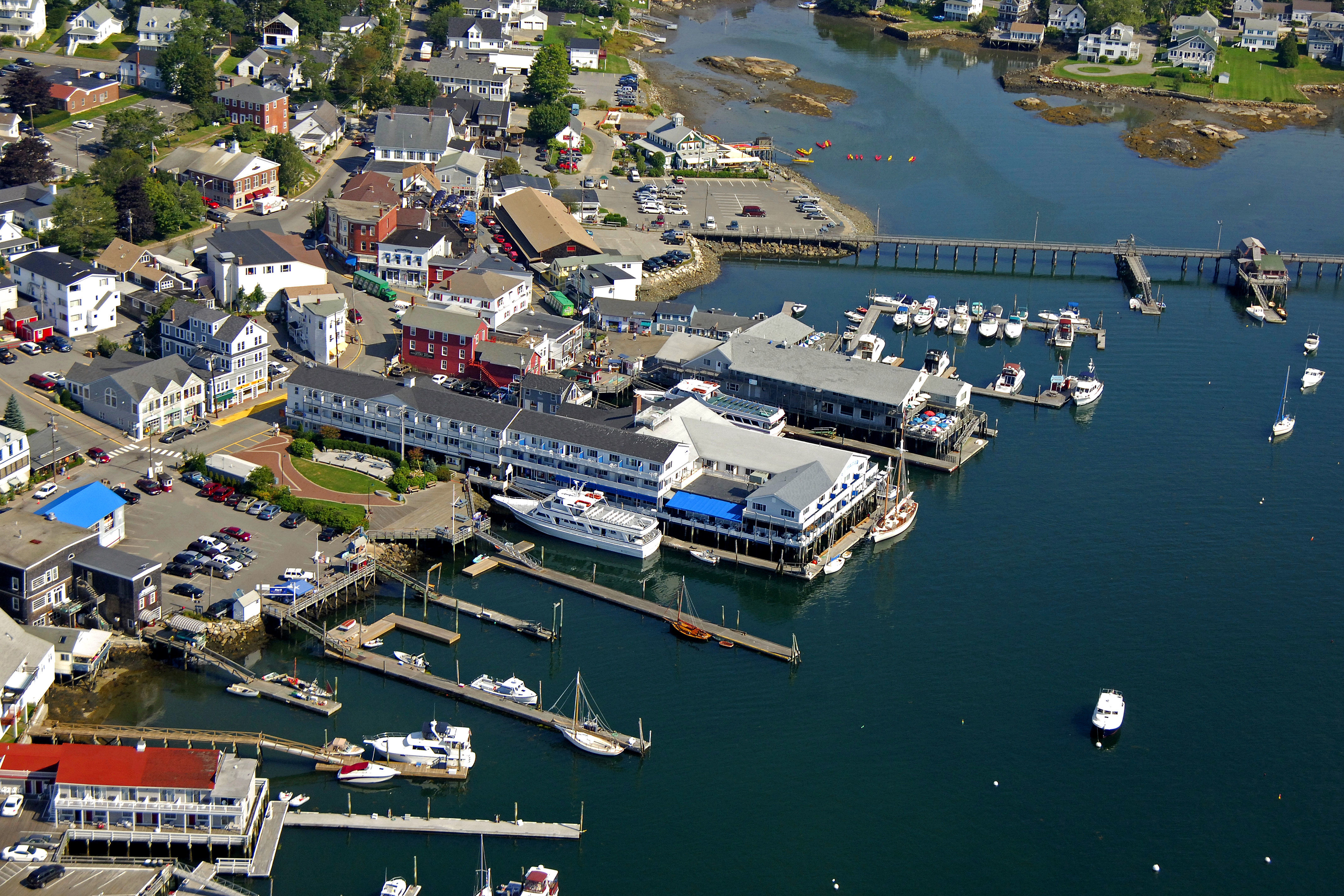 Aerial view of Boothbay Harbor and its footbridge